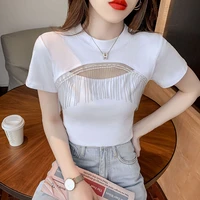 trendy tassel hollow slim short top 2021 new personality short sleeve t shirt sexy solid color splicing womens t shirt