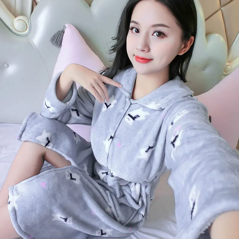 Зимний женский халат милый теплый Дамский Повседневный фланелевый кимоно