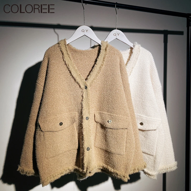 

Женский кашемировый вязаный кардиган, белый/розовый/хаки Свитер оверсайз в Корейском стиле, Осень-зима 2022