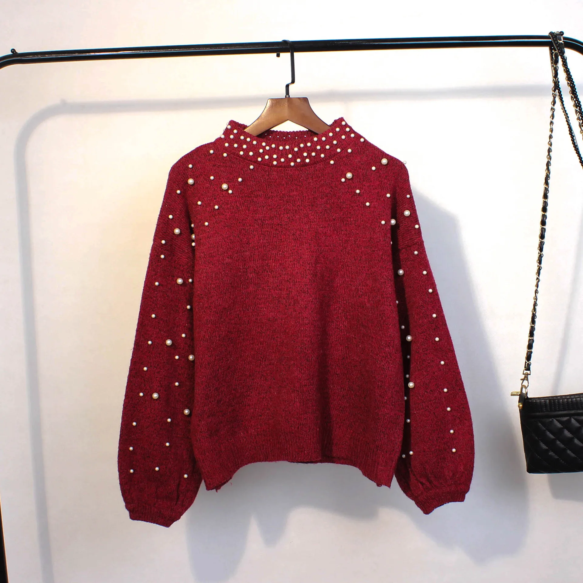 

GEWINZEE Handmade Pullovers Loose Streetwear Knitted Women Knitwear Long Sleeve Thick Crop Tops Pearl Decorated Pullover Female