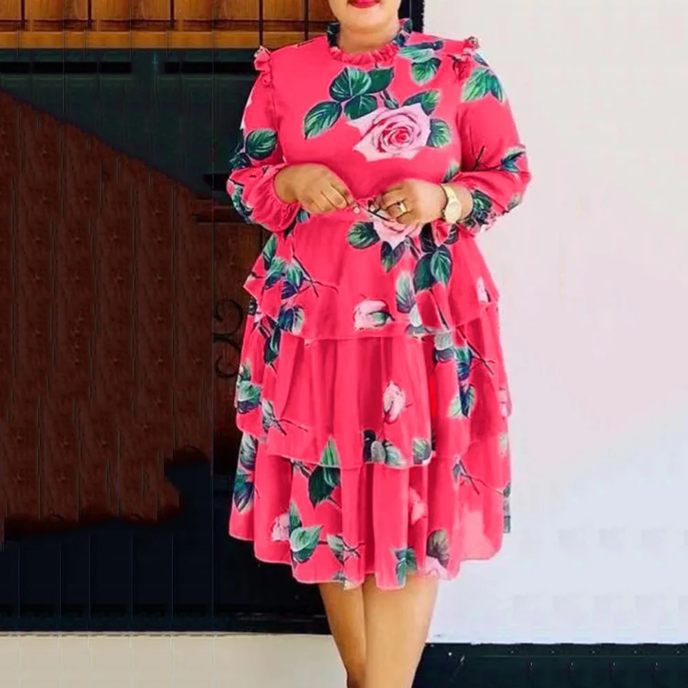 

Vintage Floral Print Women Dress with Belt Red Cascading Ruffle A-Line Midi Robe Femme African Casual Elegant Maxi Vestiods 3XL