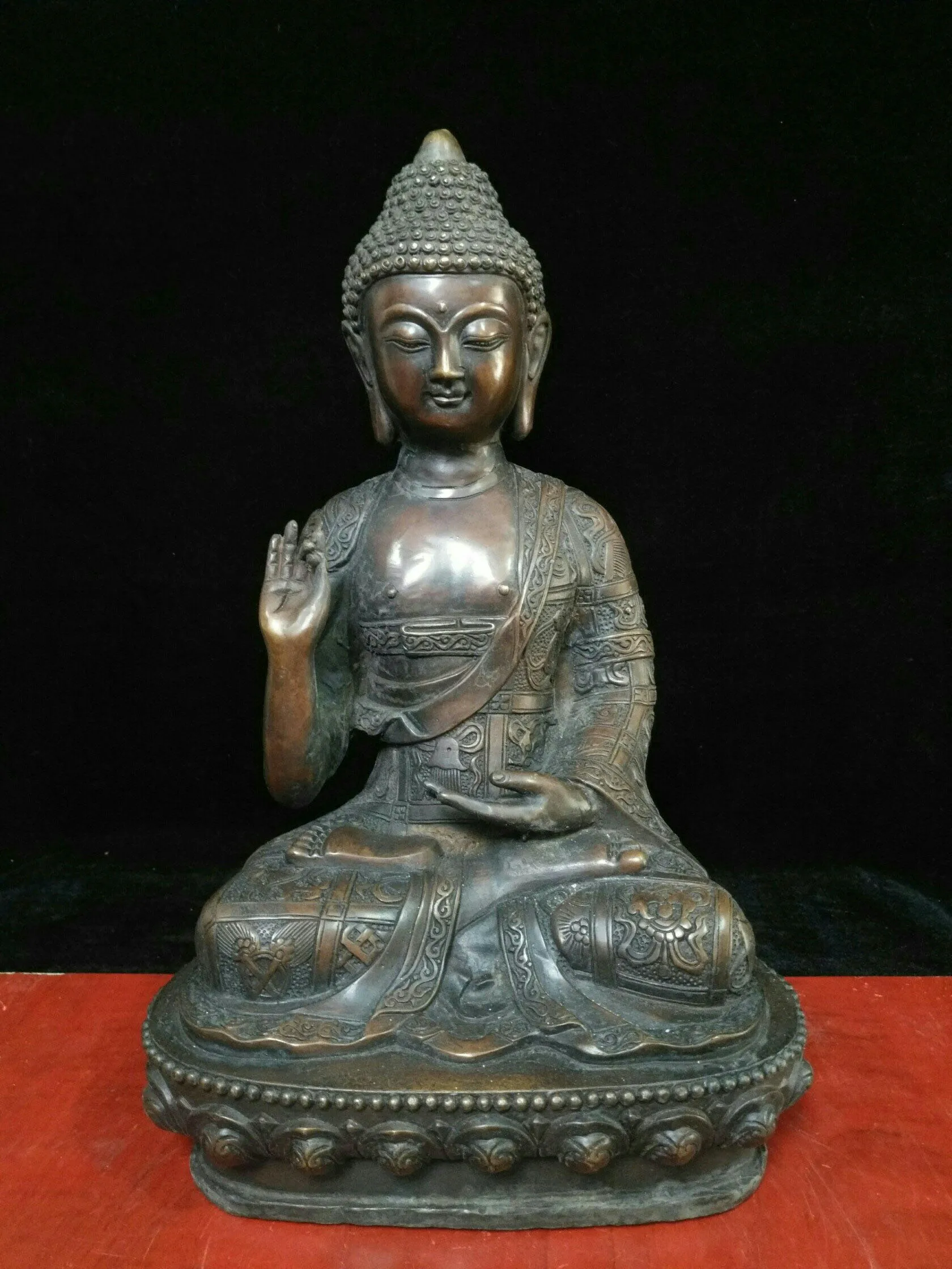 

Домашний декор, 15 дюймов, тибетская буддистская старинная Бронзовая статуя Cinnabars Sakyamuni Будда Амитабха, Священная Будда