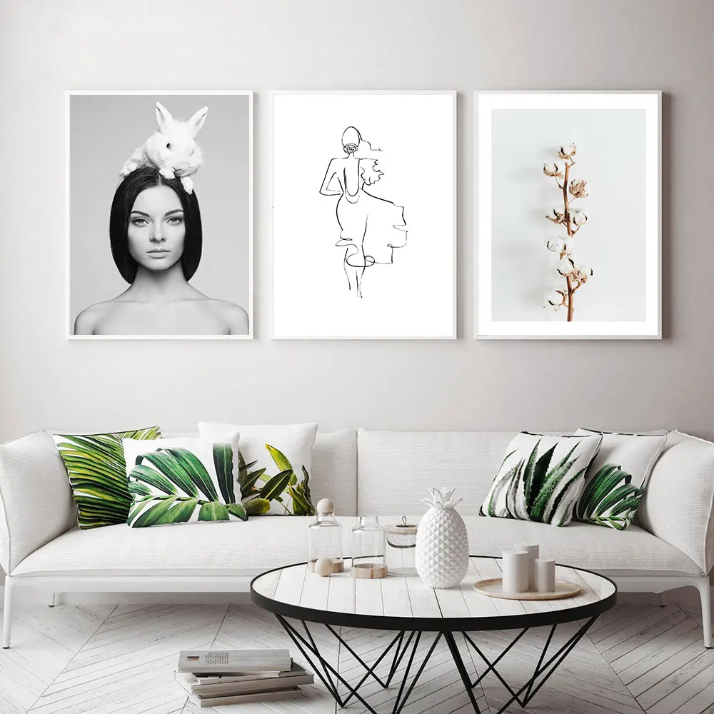 

Rabbit On Woman Head Poster Cotton Branch Canvas Painting Nordic Line Art Print Modern Wall Picture For Living Room Home Decor
