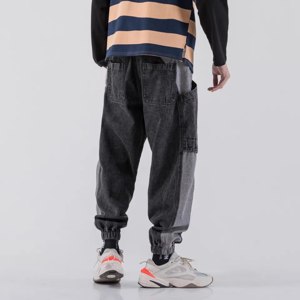 Baggy Jeans Men's Patchwork Cargo Pants Loose Denim Harem Pants Stretch Waist Ankle-length Pants Brown Patchwork Jeans Hip Hop