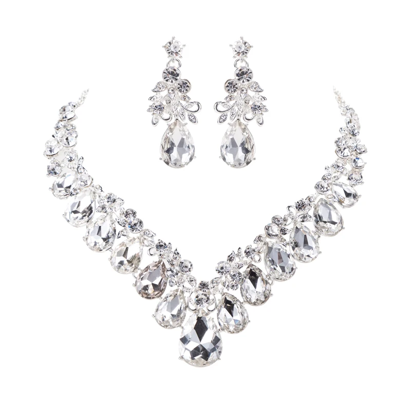 Женский ювелирный комплект из колье и серёг серебристого цвета|necklace and earrings|wedding