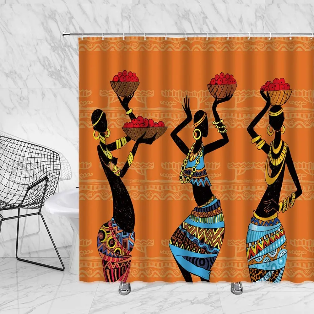 

African Girl Print Shower Curtain Abstract Africa Tribal Ethnic Clothing Culture Orange Fabric Bath Curtains Polyester with Hook