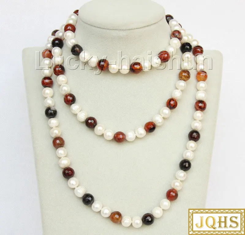 

Length 47" 11mm Baroque Near Round White Pearls Agates Beads Strand Knotted Necklace J9871A100E17