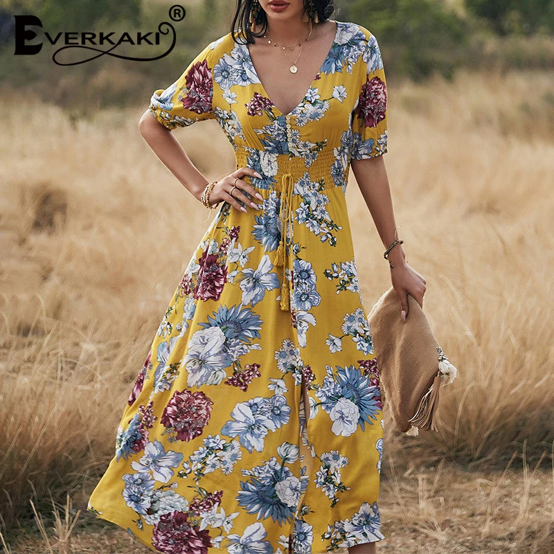 

Everkaki Bohemian Flower Print Maxi Dresses Summer Beach Tassel Elastic Waist Plus Size Boho Long Dress Female 2021 New Clothing