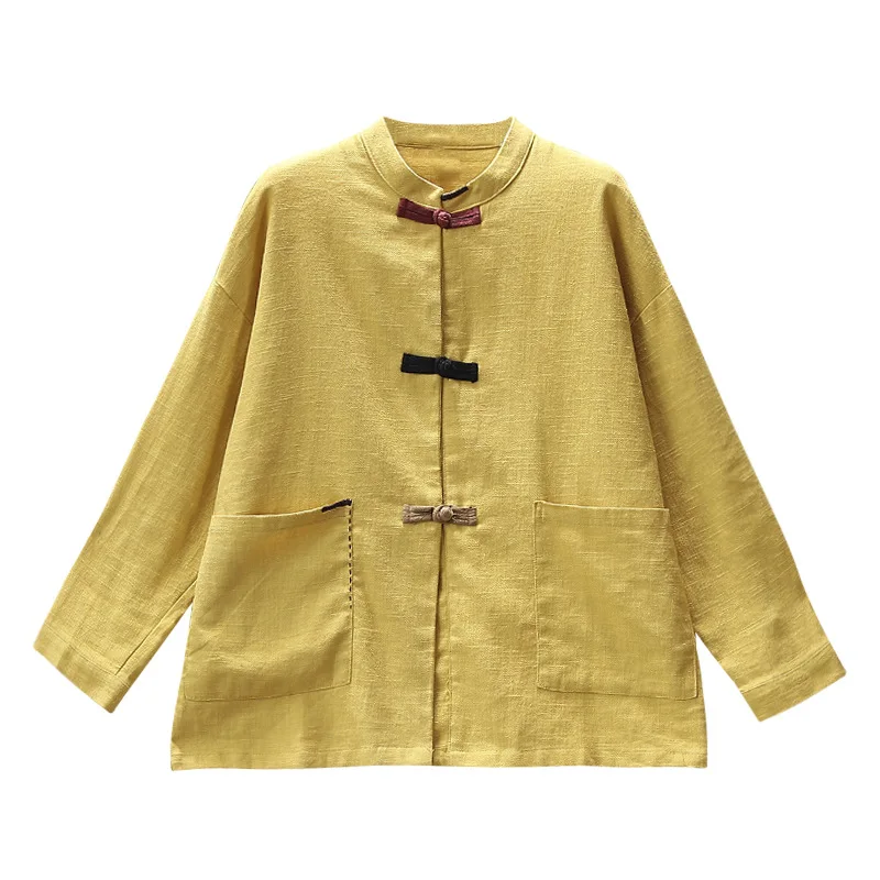 

Chinese Style Clothing Women Linen Traditional Top Shirt Stand Collar Hanfu Streetwear Tang Suit Vintage Solid Color Long Sleeve