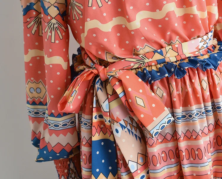 

Women Off Shoulder Dress Long Sleeve Bohemian Print Vacation Dress 2020 Fall A-line with Sash Lantern Long Sleeve Dress Vestidos