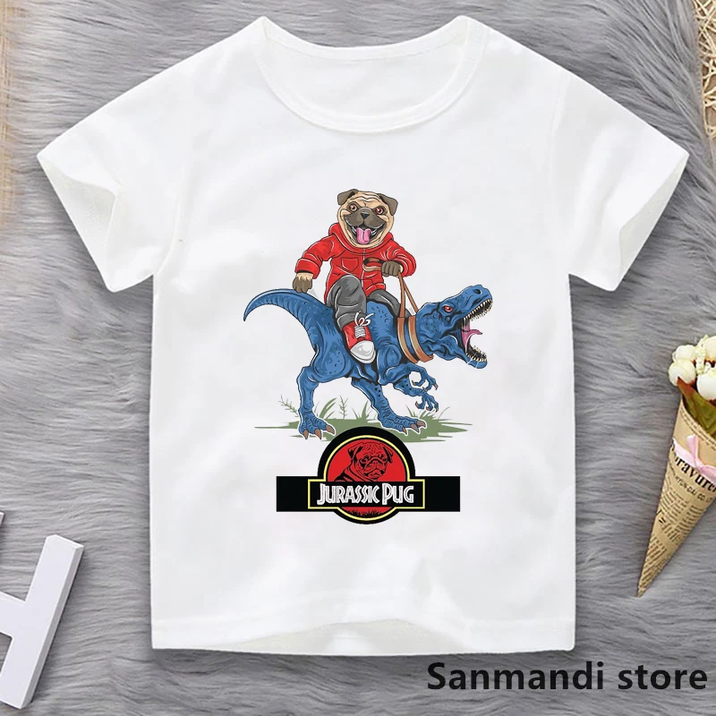 

Jurassic Park Pug Riding Dinosaur Print Tshirt Tops For Girls/Boys Kids Clothes Funny T Shirt Summer Fashion Children T-Shirt