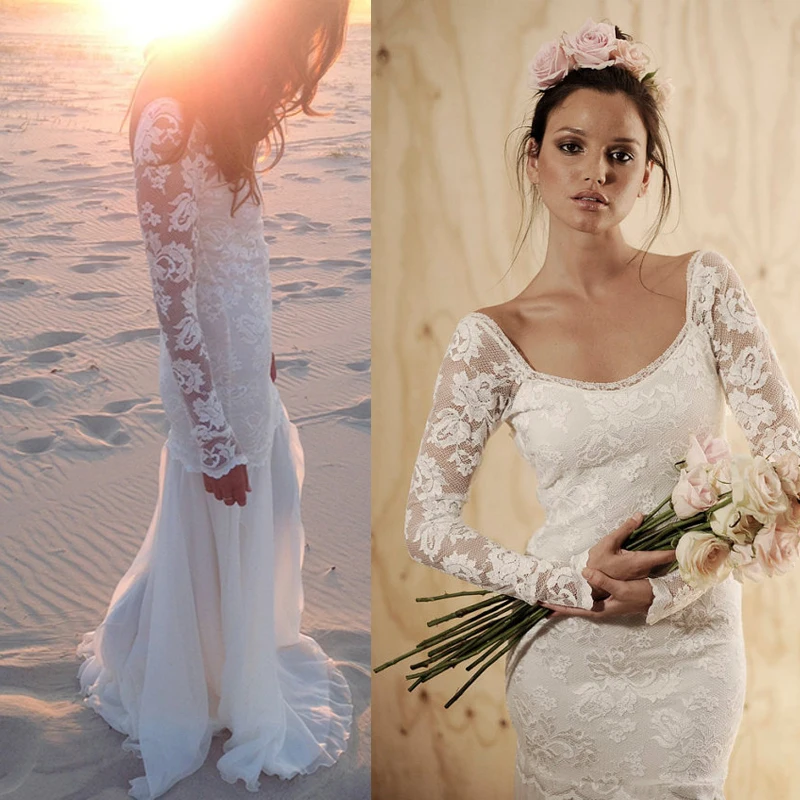 

summer style lace long sleeve beach sexy backless Bridal Gowns floor-length vestidos de noiva casamento mother of bride dresses