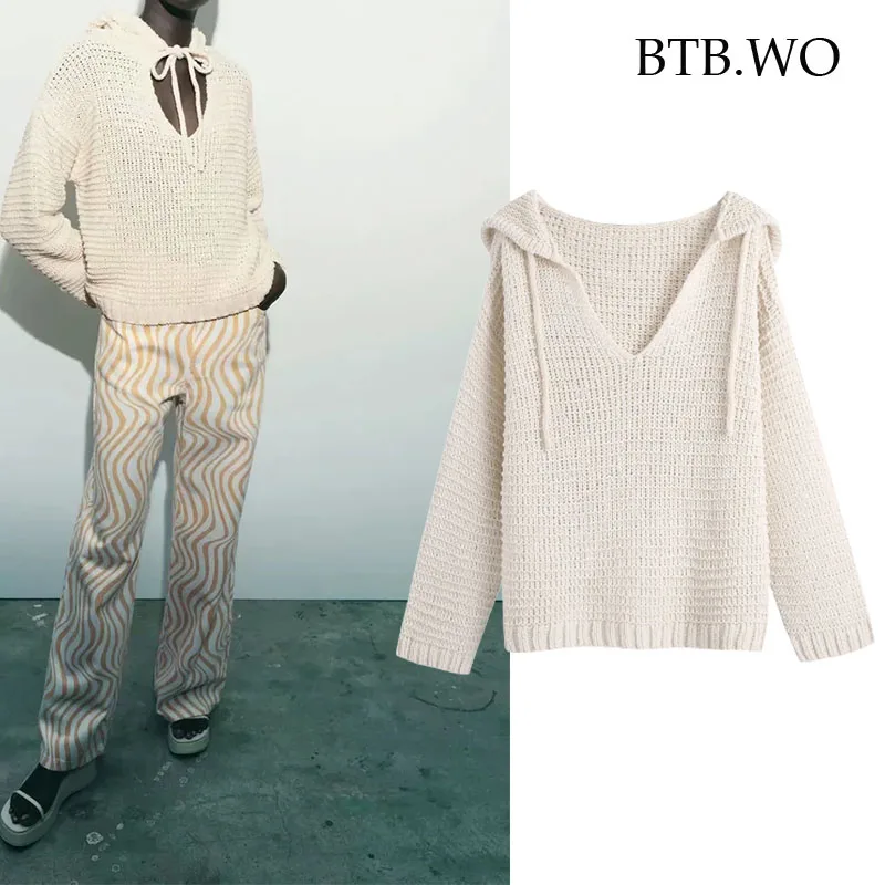 

BTB.WO Za 2021 Women Fashion Oversized With Knitting Hooded Knitted Sweatshirt Vintage Long Sleeve Female Pullovers Chic Tops