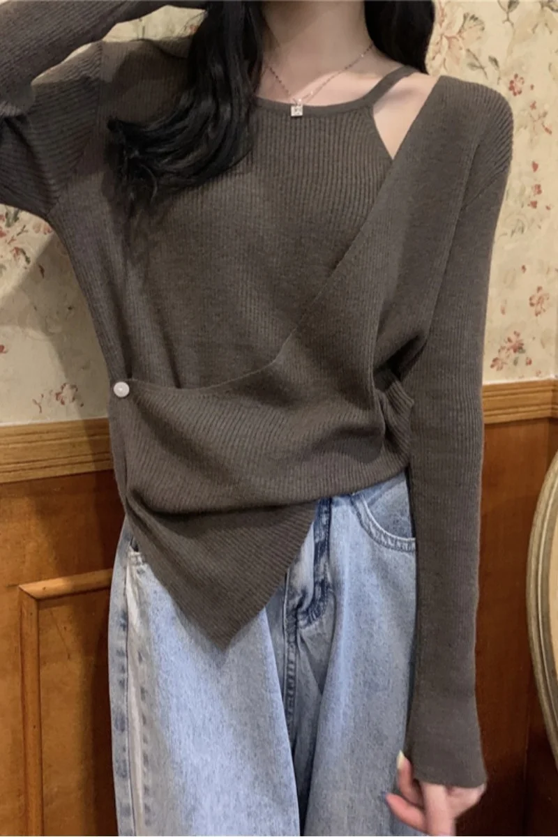 Осень 2021 дизайнерский Вязаный топ с имитацией двух длинных рукавов Свободный