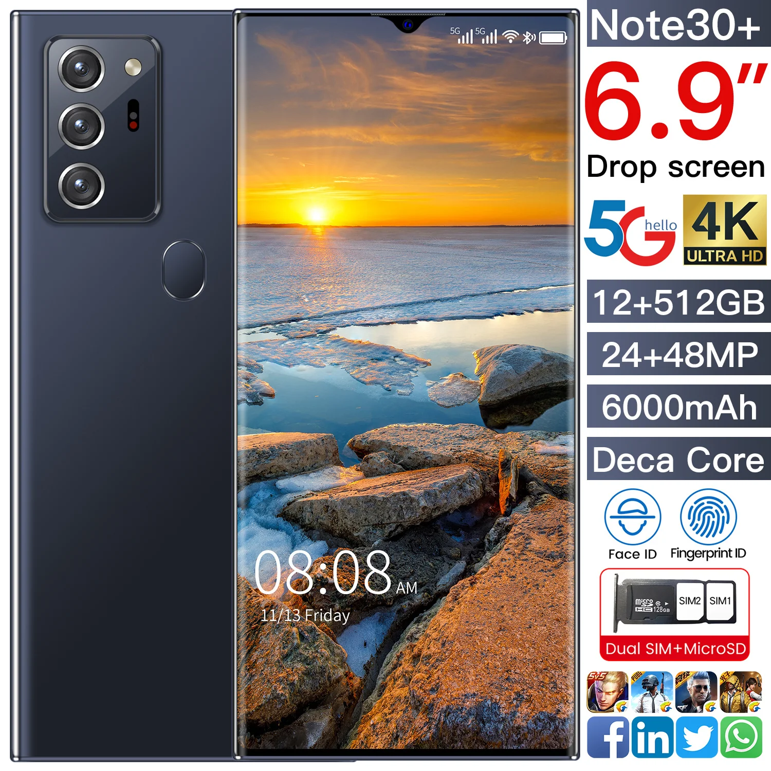 

2021 Hot Global Version Note30+ 6.9 Inch Cellphone 8GB+256GB 6000mAh Android 10 Dual SIM Fast Shipping Free Shipping Smart Phone