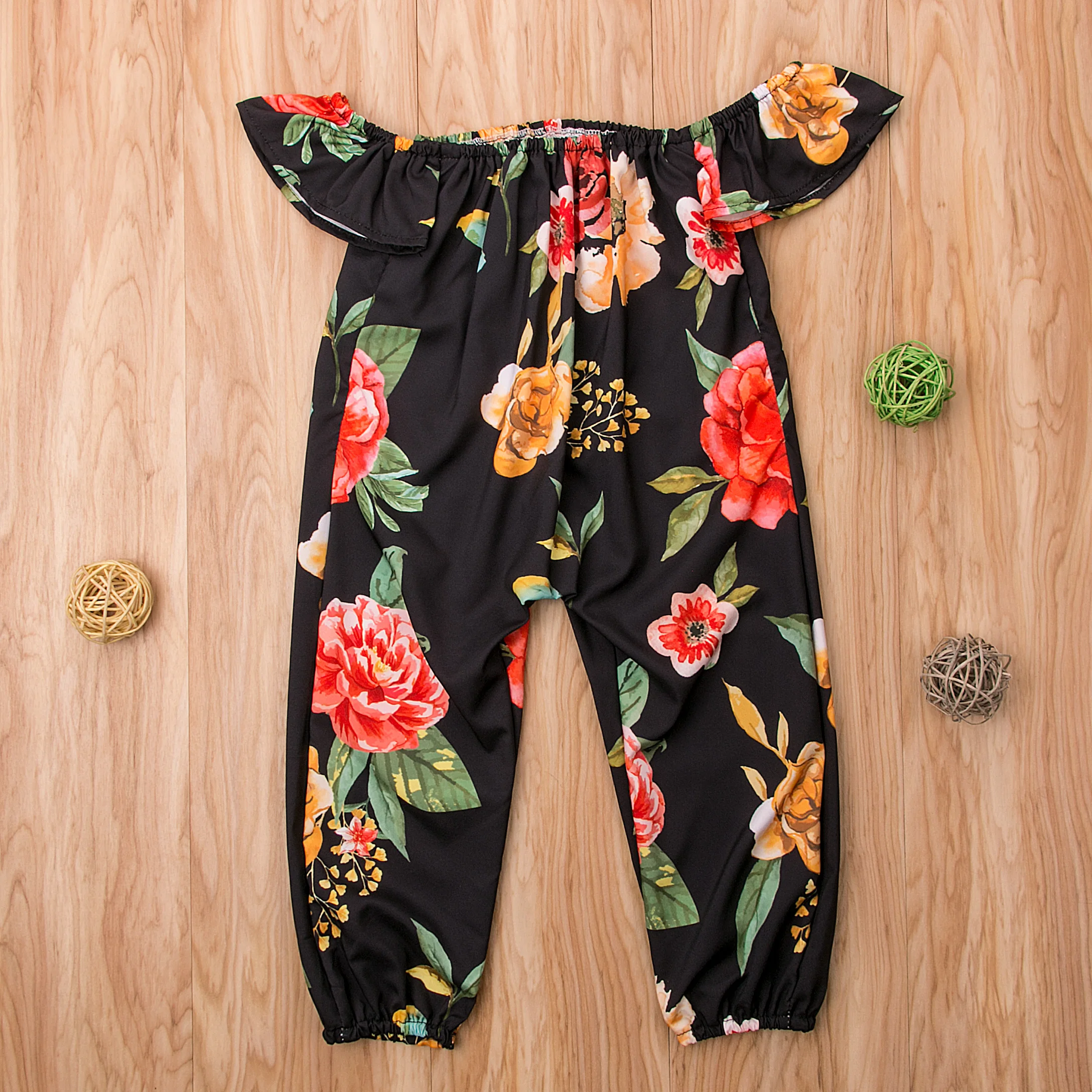 Летний черный комбинезон без рукавов с цветочным принтом Детский хлопковый для