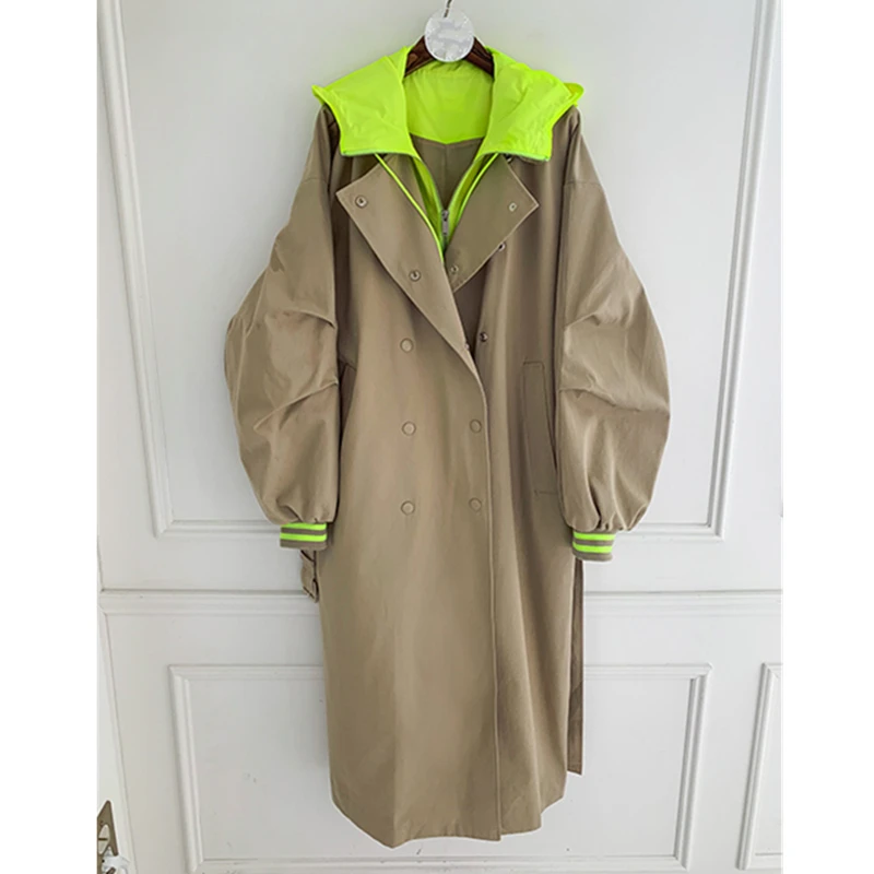 

2020 Spring Autumn Windbreaker Women Fashion Fake Two Pieces Splice Hit color Long Hooded Trench Coat Loose Overcoat Tide G024