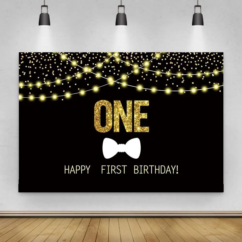 

Golden One Number Happy First Birthday Backgrounds For Photo Studio Lights Polka Dots Black Vniyl Photography Backdrop Vinyl