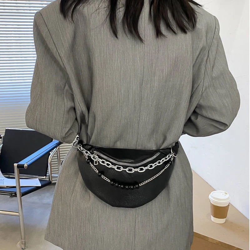 

Pu Leather Black Fanny Pack Women's Waist Bag Chain Bum Bag Fanny Waist Pack Women Waterproof Phone Pouch