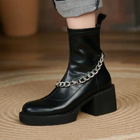 2021 winter new genuine leather thick bottom chain elastic martens boots womens chunky heel waterproof platform thin boots