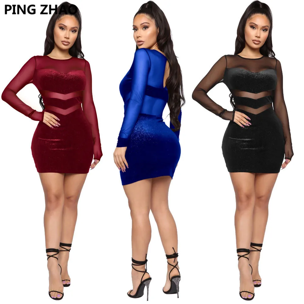 

PING ZHAO Autumn And Winter New Sexy Women's Wear Mesh Splicing Flash Velvet Long-Sleeve Famous Ladies Temperamental Dress