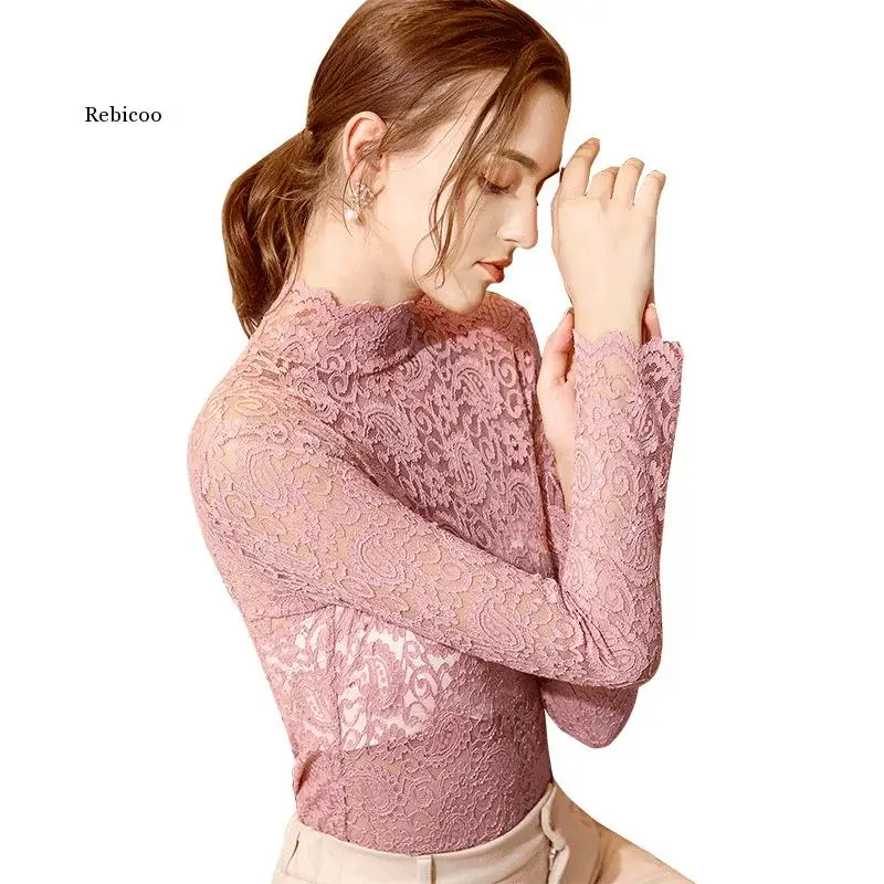 

Chiffon Blouse Women Autumn New Vintage Half Turtleneck Lace Shirt Sexy Silm Plus Size Thick Warm Goth Long Sleeve Blouses