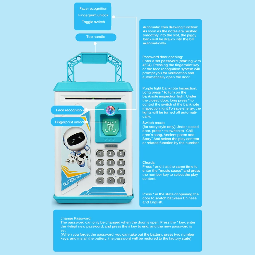 

Electronic Piggy Bank ATM Password Fingerprint Money Box Money Saving Box Fingerprint Coin Money Box Face Recognition Piggy Bank