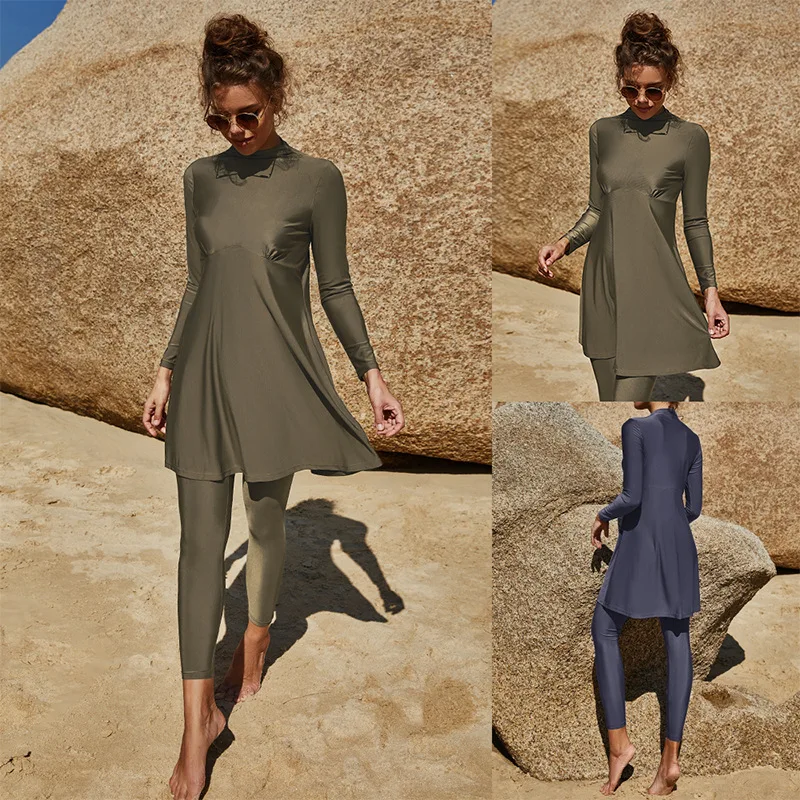 

Summer Long Sleeve Solid Color Burkini Muslim Swimwear Women Swimsuit 2pcs Islamic Burkinis Wear Bathing Suit Sport Swimsuit