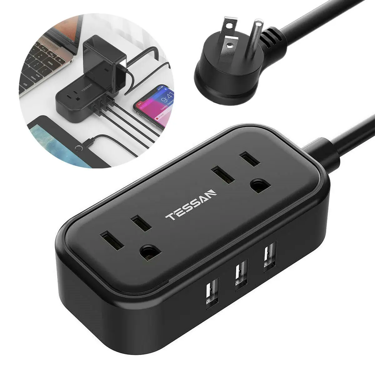 

TESSAN Compact Desktop Power Strip with 3 USB Ports, 2 Widely Spaced Outlets & 1.5m/5ft Extension Cord Overload Protection