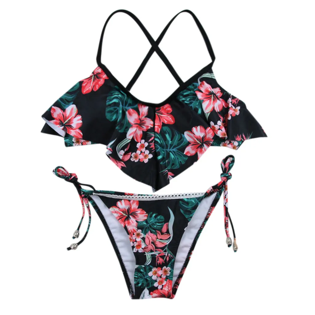 

Women Sexy Bandage Bikini Set Push-Up Brazilian Print Swimwear Fashion Ruffle Beachwear Holiday Female V-Neck Swimsuit Beachwear