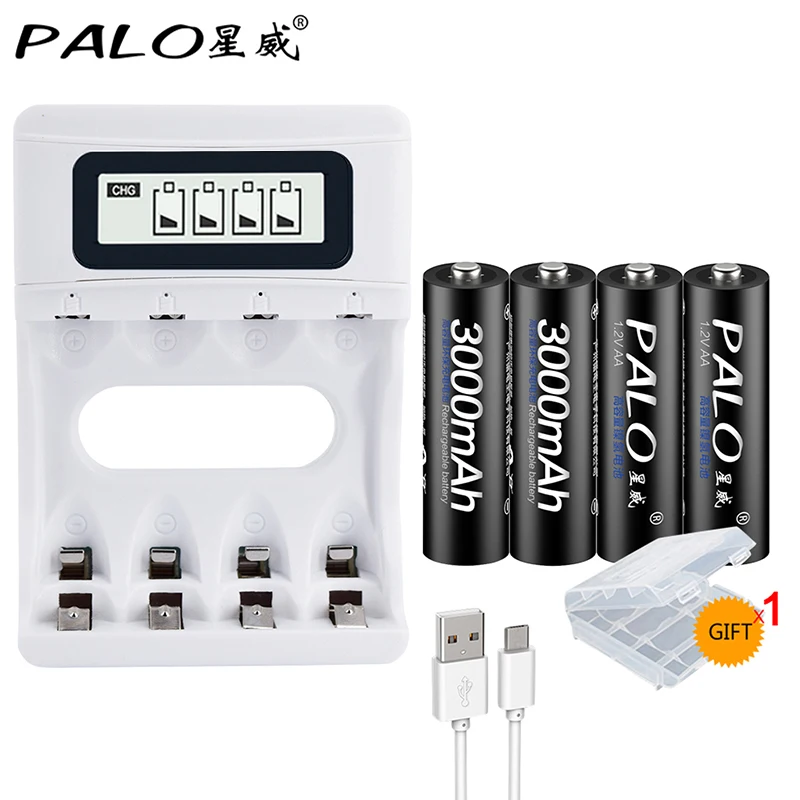 PALO 4 шт. aa Ni-MH аккумуляторная батарея aa batteria 1,2 v 2a аккумуляторная батарея для цифровой камеры с ЖК-дисплеем batterychar - Цвет: 4pcs AA with charger