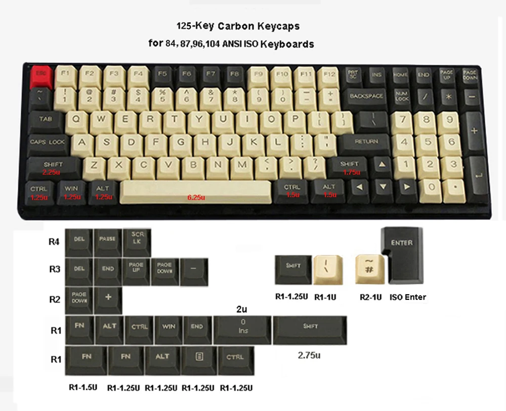 Механическая клавиатура 125 клавиши ANSI ISO PBT Keycaps OEM профиль Dolch Carbon для