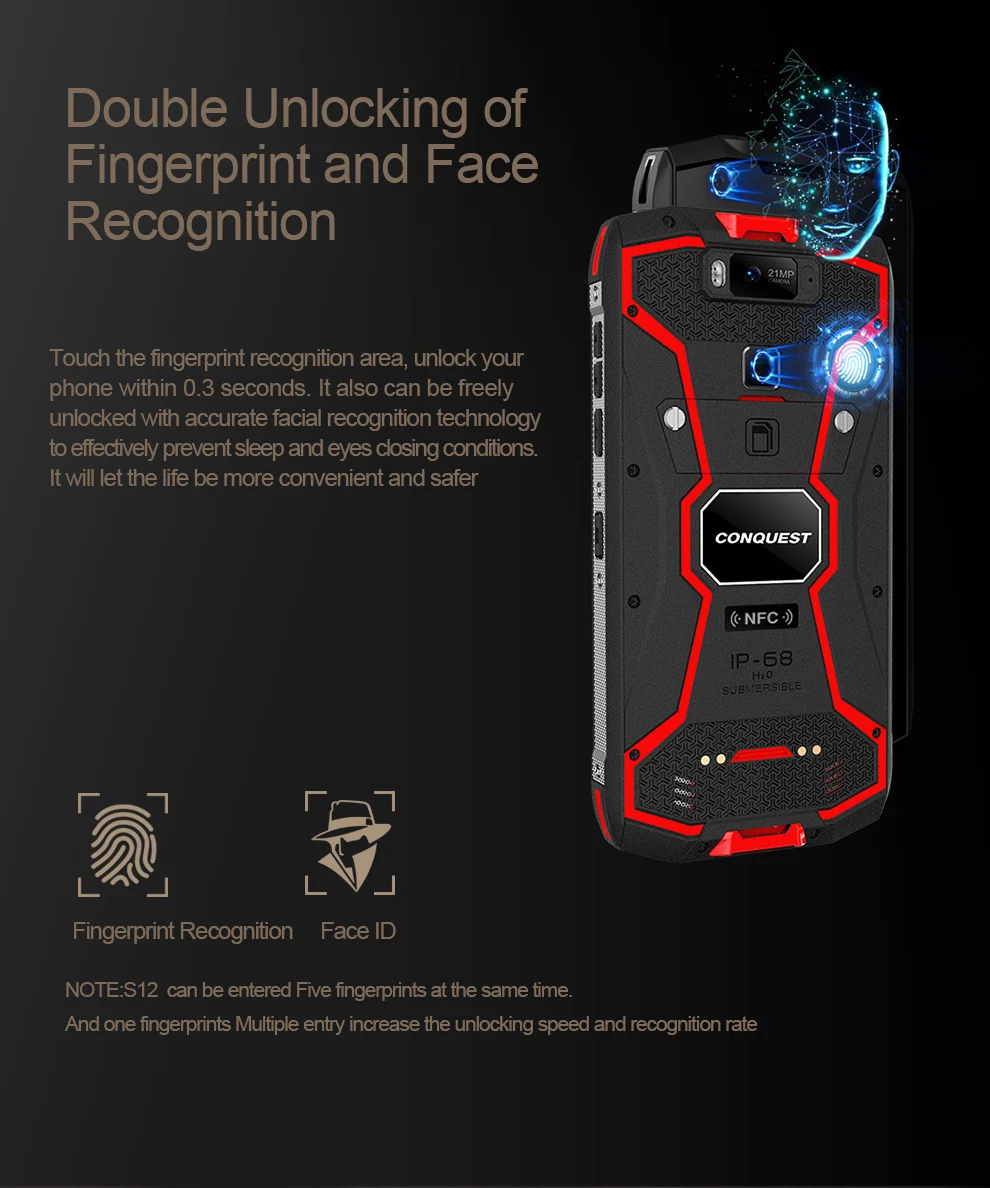 Conquest S12 pro 6 ГБ+ 128 ГБ 8000 мАч NFC IP68 водонепроницаемый ударопрочный мобильный телефон 5,9" Android 8,1 Восьмиядерный 4G Прочный смартфон