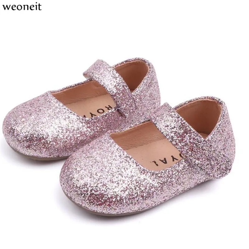 Weoneit Детские туфли для девочек с блестками Черный Золотой Розовый Мягкие Первые шаги Ходунки Дети Первый ходок Отправка вниз.