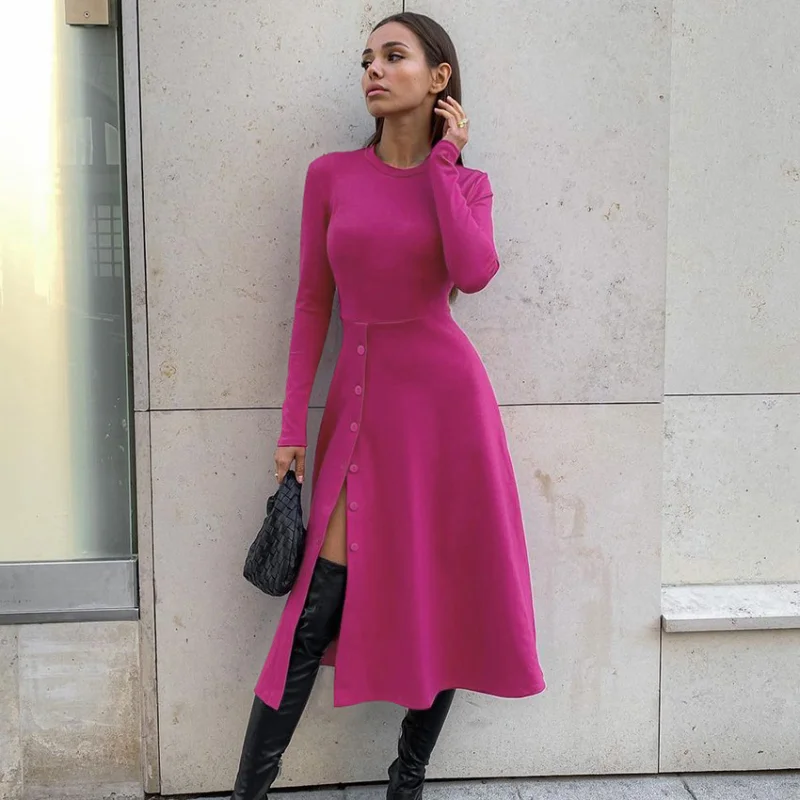 

Autumn And Winter Ladies Fashion Long-Sleeved Side Slit Knit Dress Sexy Dress Round Neck Temperament Elegant Tight-Fitting Dress