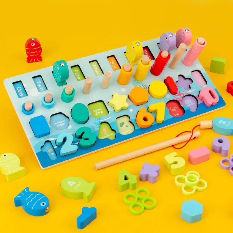 

Деревянная доска для рыбалки Монтессори, подходящая геометрия, деревянная головоломка для операций, детские игрушки