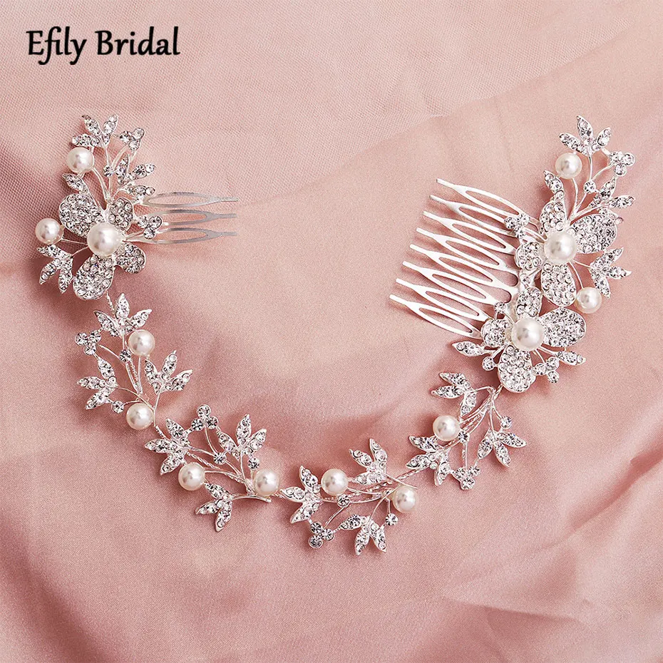 

Efily Silver Color Pearl Crystal Wedding Hair Comb Rhinestone Butterfly Hair Accessories Women Bridal Headpiece Bridesmaid Gift