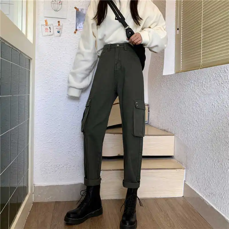

2021 korean style trousers women autumn winter solid high waist woman pants wide leg cargo pants casual cool pantalon lady