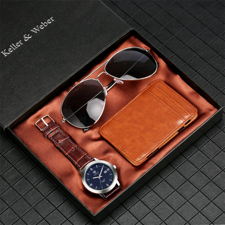 

New Arrival 2020 Birthday Gifts Watch Set Quartz Leather Wristwatch Magic Card Pack Sunglass Men's Present Sets