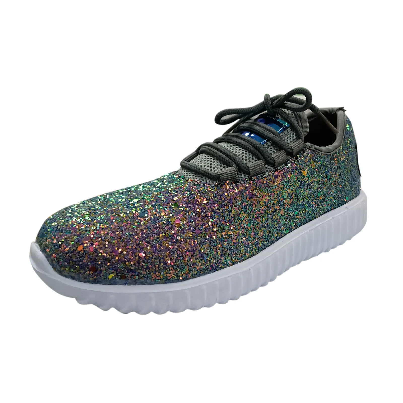 

New Sequin Sports Breathable Casual Shoes Mesh Lace-up Elastic Flat-bottom Lightweight Running Vulcanized Shoes Women's Shoes