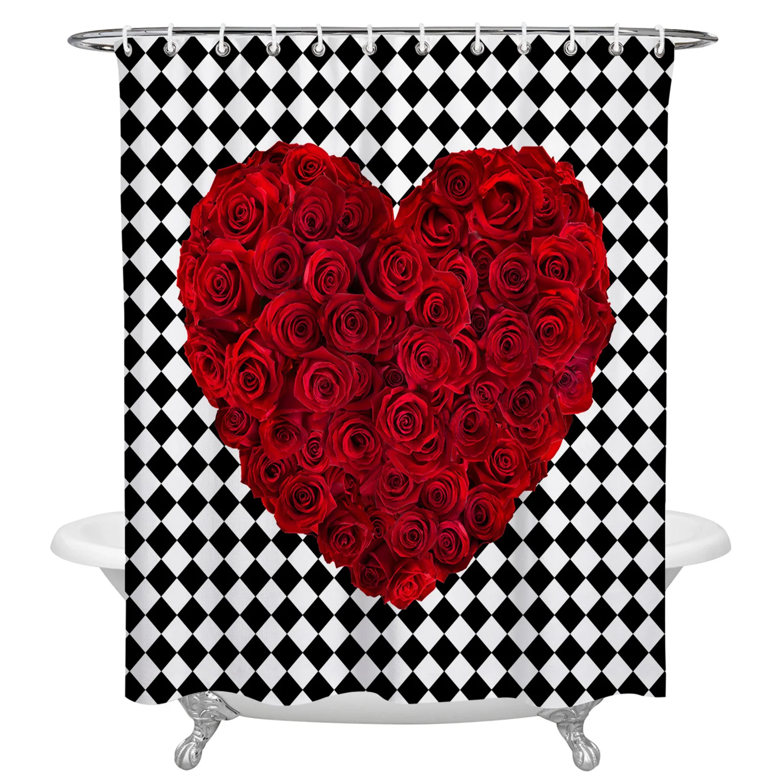 

Black And White Plaid Rose Waterproof Shower Curtain Home Bath Decorative Polyester Fabric Bathroom Curtain with Hooks