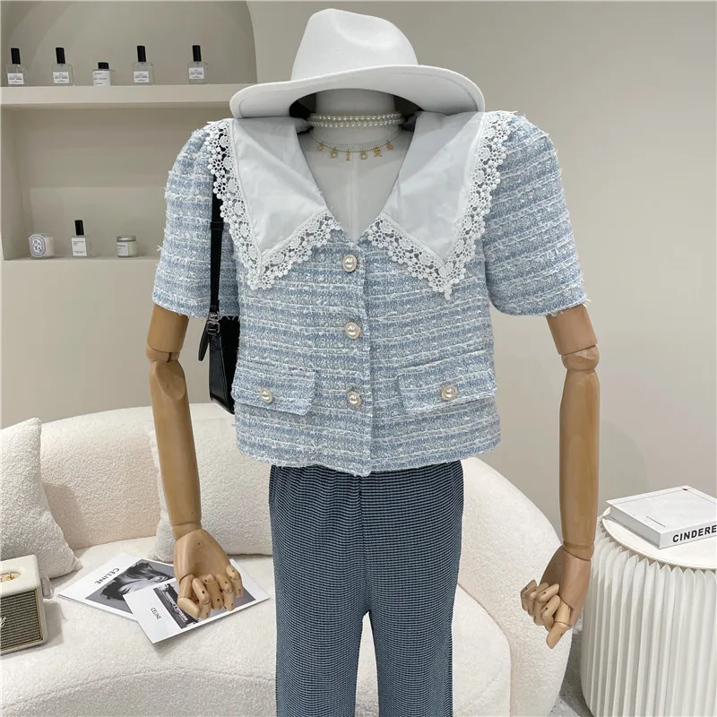 

Short retro Small Fragrance Coat 2021 spring summer New single-breasted short-sleeved sweet lace doll collar small Jacket Female