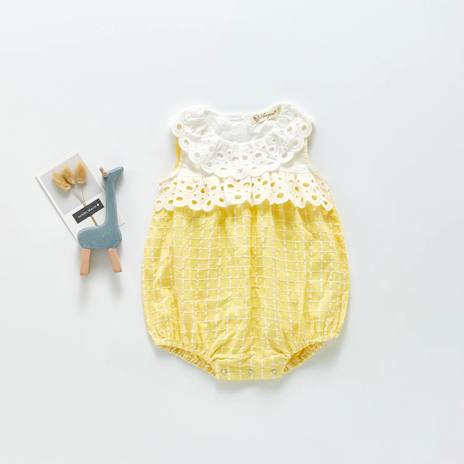 

Newborn Baby Cute Baby Girl Lace Collar Checkered Pattern Bodysuit Summer New Infant Girls Lattice Stitched Fashion Bodysuits