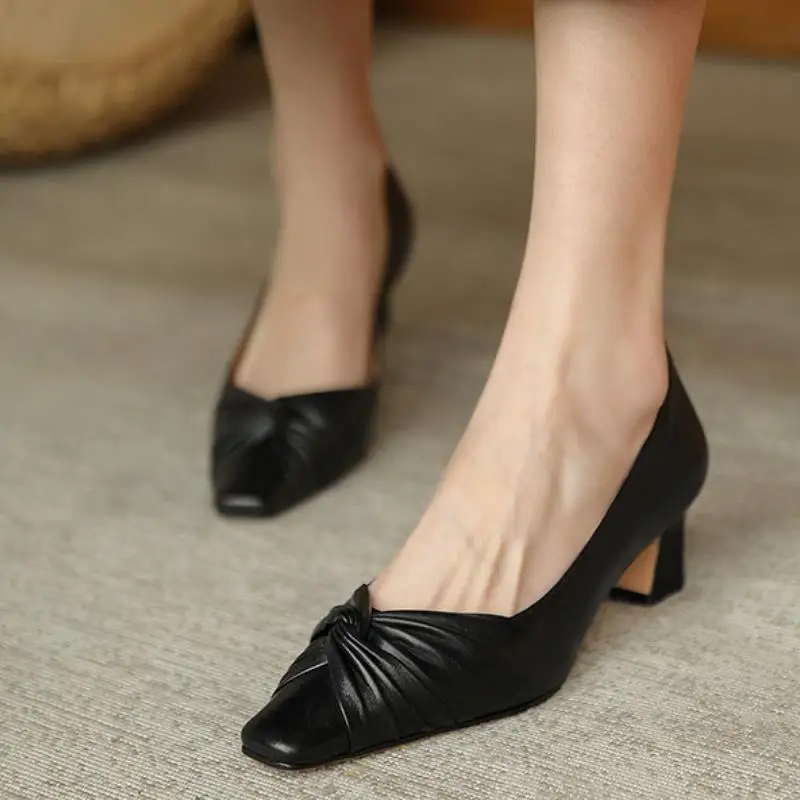

RIZABINA New Women Pumps Real Leather Thick Heel Woman Shoes Fashion Simple Ladies Wedding Shoes Footwear Size 34-39