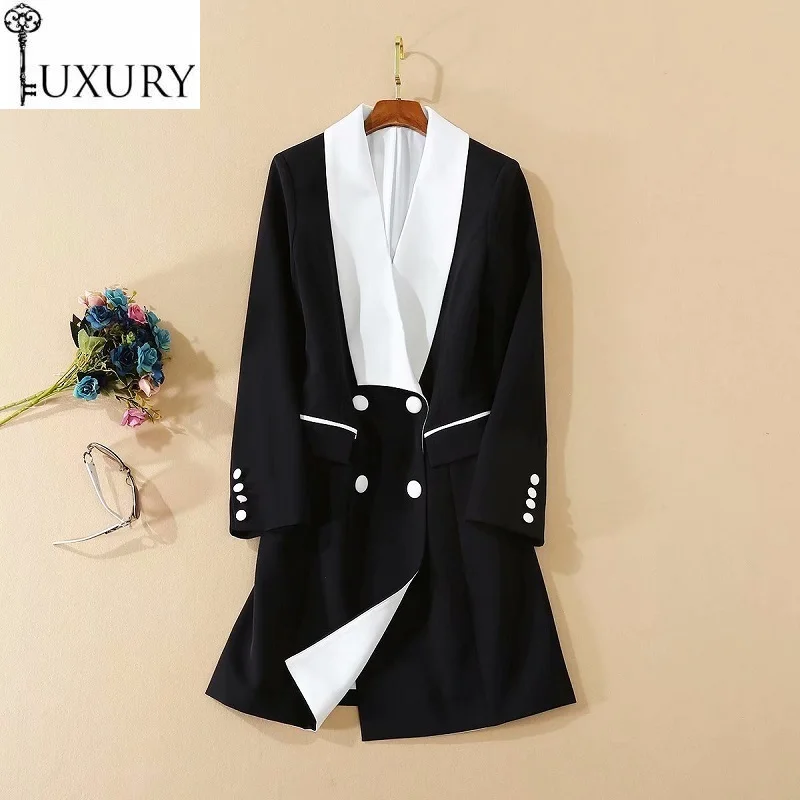 Quality New Blazer High 2020 Autumn Women V-Neck Black White Color Block Patchwork Long Sleeve Business Dress Female