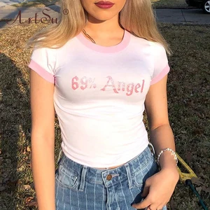 Женская футболка с короткими рукавами ArtSu, розовая футболка с принтом мультяшного медведя, летний Повседневный Топ, 2020