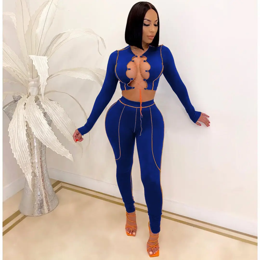 

Sexy 2 Piece Set Women Streetwear Hollow Out Bandage Crop Top+High Waist Leggings Party Club Outfits Femme Bodycon Suits 2021
