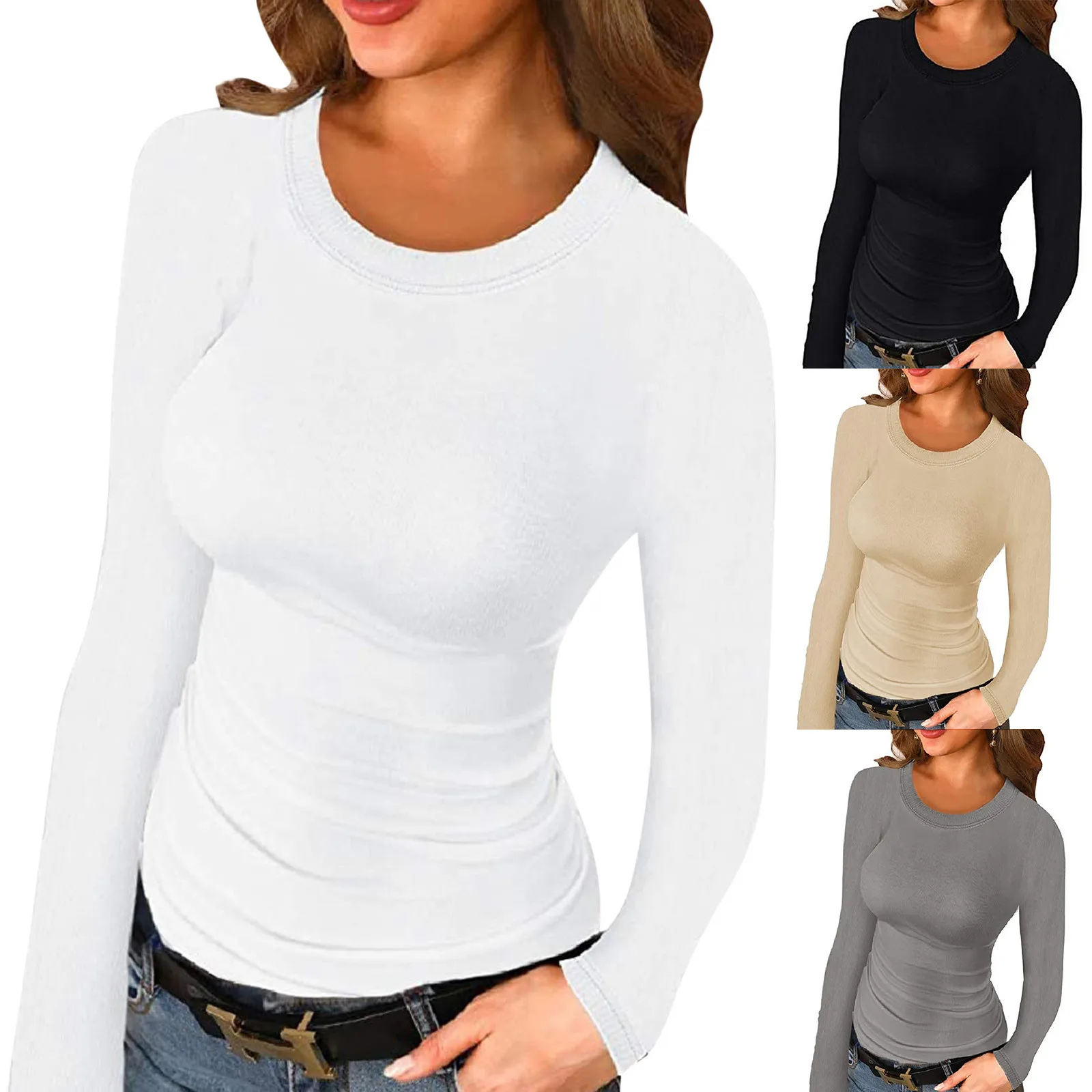 Модная однотонная блузка рубашка приталенная туника с круглым вырезом топы