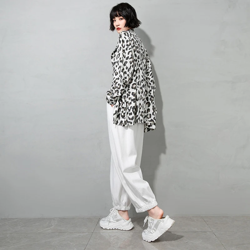 

[EAM] Women Linen Leopard Big Size Thin Blazer New Lapel Long Sleeve Loose Fit Jacket Fashion Tide Spring Autumn 2021 1DD834