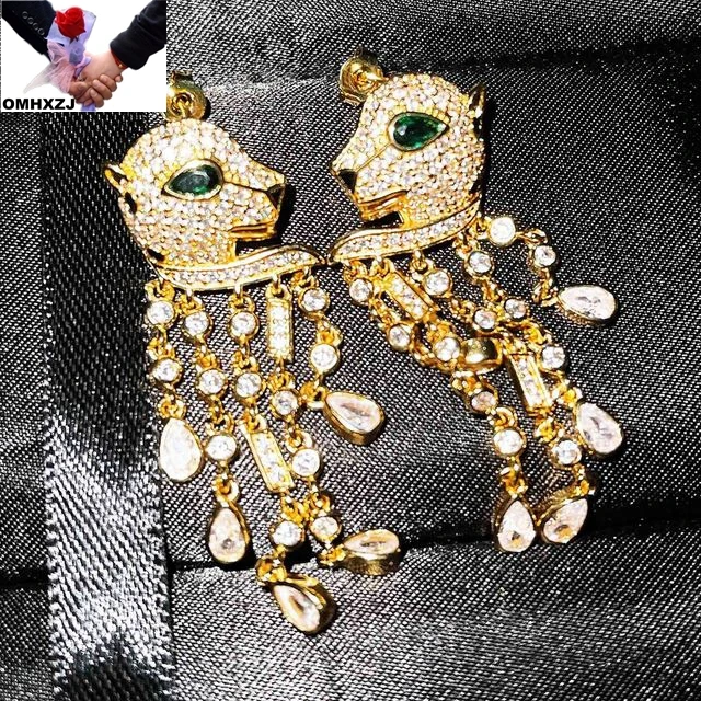 

OMHXZJ EA929 Super fairy fantasy geometric inlaid zircon sweet big earrings fashion design leopard earrings